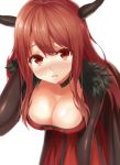 1girl big_breasts blush breasts brown_eyes brown_hair choker cleavage demon_horns dress fur_trim heirou horns large_breasts long_hair looking_at_viewer maou_(maoyuu) maoyuu_maou_yuusha open_mouth shiny shiny_skin simple_background solo white_background