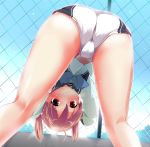  1girl ass bent_over blush chain-link_fence fence from_behind isshiki_momo kneepits legs looking_back looking_through_legs momo_isshiki pink_eyes pink_hair school_uniform shiina_yuuki short_hair short_shorts short_twintails shorts solo top-down_bottom-up trefoil twin_tails twintails upside-down vivid_red_operation vividred_operation 