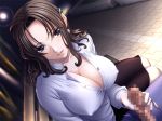  1girl bbc big_breasts black_eyes black_hair blouse breasts censored cleavage dark_penis earrings erect_nipples game_cg handjob interracial jewelry large_breasts long_nails office_lady penis sano_toshihide shichinin_no_online_gamers 