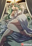  1girl alluring bare_legs bare_shoulders barefoot bed big_breasts blush cleavage crazy_eyes dress female_focus female_only fire_emblem fire_emblem:_three_houses flower gem green_eyes green_hair hair_flower hair_ornament happy headgear heart heart-shaped_pupils in_bed jewelry kinkymation light-skinned_female light_skin long_gloves long_hair looking_at_viewer mature mature_female necklace nintendo on_bed on_side open_eyes open_mouth open_smile pillow rhea_(fire_emblem) smile soles solo_female solo_focus strapless strapless_dress tight_dress toes very_long_hair video_game_character video_game_franchise white_dress 