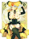  1girl blonde_hair breasts corset hat honey huge_breasts large_breasts nipples personification pokemon thighhighs vespiquen wings yellow_eyes 
