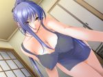  1girl bare_shoulders big_breasts blue_hair blush breasts cleavage dress erect_nipples game_cg indoors large_breasts long_hair looking_at_viewer neev no_bra ogushi_yuniko ponytail sano_toshihide smile solo standing yellow_eyes 
