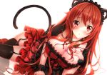  1girl animal_ears big_breasts blush breasts brown_eyes brown_hair cat_ears cat_tail choker cleavage demon_horns dress fur_trim garter_belt heirou horns huge_breasts large_breasts long_hair looking_at_viewer lowres maou_(maoyuu) maoyuu_maou_yuusha open_mouth shiny shiny_skin simple_background solo tail thighhighs white_background 
