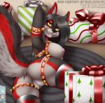  1girl 2016 anthro anus areola armpits ass bell big_breasts black_fur black_hair black_nose box breasts canine christmas christmas_present clitoris clothing english_text fur furry grey_fur hair holidays jackalope_(artist) legwear long_hair looking_at_viewer mammal mostly_nude nipples on_floor open_mouth pink_nipples pussy raised_arm raised_tail red_fur ribbons rug sideboob smile spread_legs spreading teeth text tongue yellow_eyes 