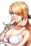  1girl :&gt;= blonde_hair breasts bule cleavage cynthia hair_ornament hair_over_one_eye highres pokemon popsicle sexually_suggestive shirona_(pokemon) solo white_background 