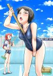  2girls absurd_res barefoot between_breasts black_hair breasts glasses hair high_res long_hair multiple_girls one-piece_swimsuit original red_hair short_hair stick sweat swimsuit swimsuit_under_clothes tezunuri 