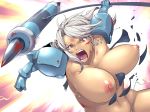 1girl angry areolae armor blood breasts hakai_shin hammer hammerhead_sister huge_breasts long_hair nipples open_mouth purple_eyes ringlets shouting silver_hair solo spikes sweat torn_clothes unaligned_breasts warhammer weapon white_hair yurivu_hammerhead