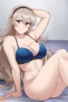  1girl alluring arm_behind_head arm_support aslind_samure aslindsamure bangs bare_legs bare_shoulders big_breasts blue_bra blush bra breasts cleavage closed_mouth collarbone corrin_(fire_emblem) corrin_(fire_emblem)_(female) fire_emblem fire_emblem_fates hair_between_eyes hair_ornament hairband high_res long_hair looking_at_viewer naked_from_the_waist_down nintendo panties pointy_ears red_eyes silver_hair sitting smile thighs underwear voluptuous 
