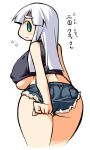  1girl ass breasts denim erect_nipples female from_behind green_eyes huge_ass huge_breasts jeans looking_back lowres midriff shorts silver_hair simple_background solo text thighs translation_request underboob ushi white_background wide_hips 