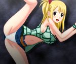  1girl areola areola_slip ass bare_shoulders big_breasts blonde_hair blush breasts brown_eyes center_opening cleavage fairy_tail huge_breasts leg_lift lucy_heartfilia midriff nipple_slip nipples no_bra panties rudo skirt smile solo spread_legs tattoo underwear unzipped upskirt wristband zipper 