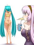  2girls alternate_costume aqua_hair arm ass back bare_arms bare_legs bare_shoulders barefoot bikini bikini_removed blue_eyes blush body_blush bottomless breasts cleavage collarbone cross-laced_clothes dimples_of_venus drink embarrassing feet female flying_sweatdrops from_behind full_body funny hair hairband hatsune_miku high_res highres holding large_breasts legs long_hair looking_at_another megurine_luka miku_hatsune multiple_girls nail_polish neck oonishi_shunsuke pink_hair pink_nails shiny shiny_hair shiny_skin simple_background small_waist spit_take spitting standing strapless surprised swimsuit tan tan_line tanline twin_tails twintails upper_body very_long_hair vocaloid wardrobe_malfunction white_background yellow_bikini yellow_swimsuit 