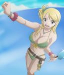  1girl areola areola_slip bare_shoulders big_breasts blonde_hair blush breasts brown_eyes center_opening cleavage fairy_tail huge_breasts lucy_heartfilia nipple_slip nipples no_bra rudo smile solo tattoo unzipped wristband zipper 