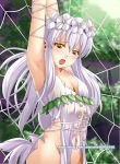  1girl armpits arms_up blush bound breasts cleavage dress elf flower ge_xi hair_flower hair_ornament head_wreath long_hair navel no_panties open_mouth orange_eyes original pointy_ears silk silver_hair solo spider_web tied_up torn_clothes torn_dress watermark web web_address white_hair yellow_eyes 