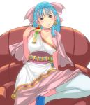  1girl bad_id big_breasts blue_eyes blue_hair blush boots breasts cleavage dragon_quest dragon_quest_v earrings flora flora_(dragon_quest) gloves green_eyes half_updo jewelry long_hair masao nipples ribbon sitting smile solo thigh-highs thighhighs 