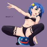  1girl bare_shoulders black_bra black_panties blue_eyes blue_hair blush bow bra breasts clitoris dragon_quest dragon_quest_v erect_clitoris erect_nipples feet flora&#039;s_daughter flora's_daughter garter_straps hair_ornament hands legs lingerie mameshiba mameshiba_(artist) no_shoes open_mouth panties partially_visible_vulva pussy short_hair slime slime_(dragon_quest) solo spread_legs squatting stockings strapless strapless_bra thighhighs translated underwear yellow_bow 