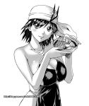  1girl antenna_hair apron bandana bandanna big_breasts bowl breasts cleavage collarbone food ge_xi huge_breasts large_breasts monochrome naked_apron original short_hair simple_background smile solo watermark web_address white_background 