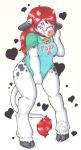 &lt;3 anthro biped blue_eyes blush bottomless bovid bovine breasts cattle collar covering covering_self cow cowbell cute embarrassed embarrassing english_text eyewear female food furry glasses hair heart hush-a-bye knock-kneed mammal meat original red_hair smile solo standing text tsumoo wide_hips