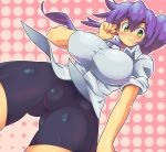  1girl bike_shorts blush breasts cameltoe coso-ri drill_hair fat_mons from_below green_eyes huge_breasts impossible_clothes impossible_shirt looking_at_viewer looking_down no_bra original pink_background polka_dot_background purple_hair shirt side_ponytail simple_background solo standing umizakura_tachimi 