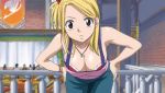  1girl :&lt; animated animated_gif anime bare_shoulders bent_over big_breasts blonde_hair bouncing_breasts breasts brown_eyes center_opening cleavage close-up fairy_tail fanservice female female_only gif hands_on_hips jeans jewelry large_breasts looking_at_viewer lucy_heartfilia necklace pants red_bra rudo solo standing staring wristband 