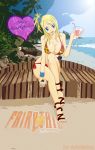  1girl areola areola_slip bare_shoulders beach big_breasts bikini blond_hair blonde_hair blue_eyes blush breasts brown_eyes center_opening cleavage fairy_tail highres huge_breasts lucy_heartfilia nipple_slip nipples no_bra rudo sitting smile solo swimsuit tattoo unzipped wristband zipper 