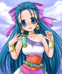  1girl big_breasts blue_eyes blue_hair blush boots bow bracelet breasts chiru dragon_quest dragon_quest_v dress earrings flora flora_(dragon_quest) gloves green_eyes hair_bow half_updo jewelry long_hair nipples open_mouth ribbon smile very_long_hair 