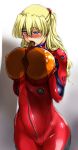  1girl asuka_langley_souryuu asuka_langley_souryuu_(cosplay) blonde_hair blue_eyes blush breasts cosplay cum cum_in_mouth erect_nipples full-length_zipper glasses high_res highres huge_breasts invisible_penis kamia_(not_found) long_hair neon_genesis_evangelion not_found_(artist) oral original paizuri paizuri_over_clothes penis plugsuit rebuild_of_evangelion solo_focus zipper 