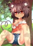  1girl alternate_costume animal_ears breasts censored cleavage convenient_censoring female grass grey_hair high_res highres leaning_back looking_at_viewer midriff mouse_ears mouse_tail navel nazrin off_shoulder red_eyes shirt short_hair shorts sitting smile solo spread_legs tail touhou tree zamudelin 