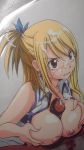  1girl areola areola_slip bare_shoulders big_breasts blonde_hair blush breasts brown_eyes center_opening cleavage cum fairy_tail hasamimushi huge_breasts lucy_heartfilia nipple_slip nipples no_bra paizuri penis pixiv_manga_sample rudo scissor_insect smile solo tattoo uncensored unzipped wristband zipper 
