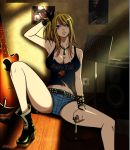 areola areola_slip bare_shoulders belt big_breasts blonde_hair blush boots breasts brown_eyes center_opening cleavage denim denim_shorts fairy_tail female guitar hotpants huge_breasts indoors instrument key large_breasts lucy_heartfilia mashima_hiro nipple_slip nipples no_bra open_mouth photoshop rudo shoes short_shorts shorts sitting smile solo tank_top tanktop tattoo unzipped wristband zipper 
