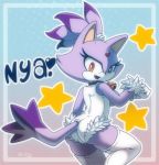  2013 abstract_background amber_eyes bell black_nose blaze_the_cat cat clothed clothing collar feline female fur gloves hair heart looking_at_viewer looking_back nancher open_mouth purple_fur purple_hair sega short_hair smile solo sonic_(series) standing stockings thighs white 