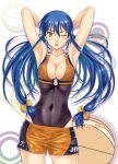  1girl :p basketball basketball_uniform blue_hair blush bow breasts brown_eyes character_name cleavage english female ge_xi gou_song_(ge_xi) hair_bow leotard long_hair navel original shorts smile solo sportswear tongue tongue_out twin_tails twintails undressing very_long_hair watermark web_address wink 