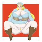 1girl blonde_hair blue_eyes blush boots breasts cross fat_mons glasses hiro5452 huge_breasts jewelry long_hair melpha necklace nun obese open_mouth pantyhose plump queen&#039;s_blade sitting solo spread_legs thick_thighs thighs tight