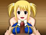  1boy 1girl bare_shoulders big_breasts blonde_hair blush breasts brown_eyes censored center_opening cleavage clothed_female_nude_male fairy_tail female large_breasts lucy_heartfilia male nipple_bulge no_bra paizuri penis rudo smile 