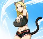  1girl angry animal_ears areola areola_slip bare_shoulders bell belt big_breasts blonde_hair blush breasts brown_eyes cap cat_ears cat_girl cat_tail catgirl center_opening cleavage cloud clouds fairy_tail gloves hotpants huge_breasts large_breasts long_hair lucy_heartfilia midriff navel nipple_slip nipples no_bra rudo screencap short_shorts shorts sky smile solo tail tattoo unzipped wristband zipper 
