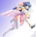 1girl big_breasts blue_eyes blue_hair blush boots bow bracelet breasts cleavage dragon_quest dragon_quest_v earrings flora gloves green_eyes half_updo huge_breasts jewelry legs leotard long_hair nakajima_akihiko nipples pink_bow ribbon scepter simple_background smile solo thighhighs wand wings
