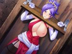  1girl bdsm big_breasts blue_eyes bondage bound breast_slip breasts clenched_teeth drooling female large_breasts mikazuki_akira! nipples one_breast_out pillory prisoner purple_hair queen restrained rose_tiara royal_slave saliva solo teeth 