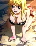  1girl all_fours angry bare_shoulders big_breasts bikini_top blonde_hair blush breasts brown_eyes center_opening cleavage fairy_tail female female_only large_breasts lucy_heartfilia rudo sandals skirt smile solo tattoo 