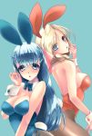 108_gou 2girls animal_ears back-to-back bare_shoulders bianca_(dragon_quest) bianca_whitaker big_breasts blonde_hair blue_eyes blue_hair blush boots bow bowtie braid braided_hair breasts bunny_ears bunnysuit cleavage dragon_quest dragon_quest_v earrings finger_to_mouth flora_(dq5) flora_(dragon_quest) flora_ludman gloves green_eyes hair_over_shoulder jewelry long_hair multiple_girls nera_briscoletti nipples pantyhose ponytail ribbon single_braid smile square_enix video_game_milf wrist_cuffs