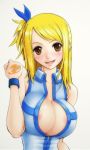  1girl areola areola_slip areolae bare_shoulders blonde_hair blush breasts brown_eyes center_opening cleavage fairy_tail huge_breasts large_breasts lucy_heartfilia nipple_bulge nipples no_bra rudo smile solo tattoo unzipped wristband zipper 