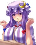  1girl big_breasts bow breasts censored crescent cum cum_on_body cum_on_breasts cum_on_upper_body hair_bow hat high_res highres kuimono large_breasts long_hair paizuri paizuri_over_clothes patchouli_knowledge penis pov purple_eyes purple_hair sex smile solo solo_focus touhou white_background 