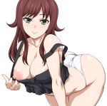  1girl akana_rui ass big_breasts blue_eyes breasts brown_hair chousoku_henkei_gyrozetter cleavage collarbone high_res huge_ass leaning_forward long_hair masa_yuki nipples one_breast_out panties simple_background smile solo tank_top underwear white_background white_panties 
