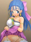  1girl anshinmama bare_shoulders big_breasts blue_eyes blue_hair blush boots bow breasts cleavage dragon_quest dragon_quest_v dress earrings flora flora_(dragon_quest) garter_belt garter_straps garters gloves green_eyes half_updo jewelry large_breasts long_hair nipples no_panties pink_bow pubic_hair ribbon smile solo sum thighhighs white_legwear 