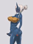  1girl abs ass blue_skin bottomless breasts censored cleavage futanari grey_background horns kaiki_hito_jinkan large_breasts long_hair looking_back masturbation monster_girl no_panties oni open_mouth original penis pointy_ears red_eyes simple_background smile solo tongue white_hair 