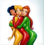 3_girls alex_(totally_spies) body_suit breast_grab breast_squish clover_(totally_spies) drew_gardner_(artist) female_only group huge_breasts older older_female sam_(totally_spies) shiny_clothes totally_spies young_adult young_adult_female young_adult_woman