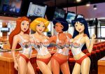alex_(totally_spies) breasts britney_(totally_spies) cartoon_network cleavage clover_(totally_spies) drew_gardner_(artist) group hooters older older_female sam_(totally_spies) see-through see-through_top shiny_skin teen totally_spies young_adult young_adult_female young_adult_woman