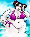  anthro bbw beach bikini blush breasts canid cleavage furry ocean smile solo tongue water wide_hips wolf 