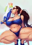  1girl 2020 big_breasts blue_bikini brown_hair gofa licking long_hair original original_character squatting thicc thick 