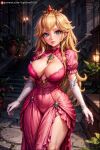  1girl ai_generated big_breasts blonde_hair blue_eyes breasts cleavage clothing curvaceous curvy curvy_body curvy_female curvy_figure dress female female_only indoors long_hair looking_at_viewer mario_(series) nintendo pink_dress princess_peach small_waist solo standing super_mario_bros. supr3metr wide_hips 