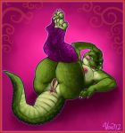2012 alligator anthro anus ass bbw big_breasts blush breasts female green_eyes heart_print inviting legs_up looking_at_viewer nipples nude presenting pussy reptile scalie smile socks solo stockings vera vera_(artist) wide_hips