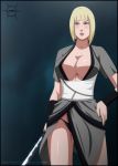  big_breasts blonde_hair blue_eyes breasts cleavage hand_on_hip hot jmanuelc jose_manuel large_breasts mouth naruto naruto_shippuden samui short_hair sword weapon 